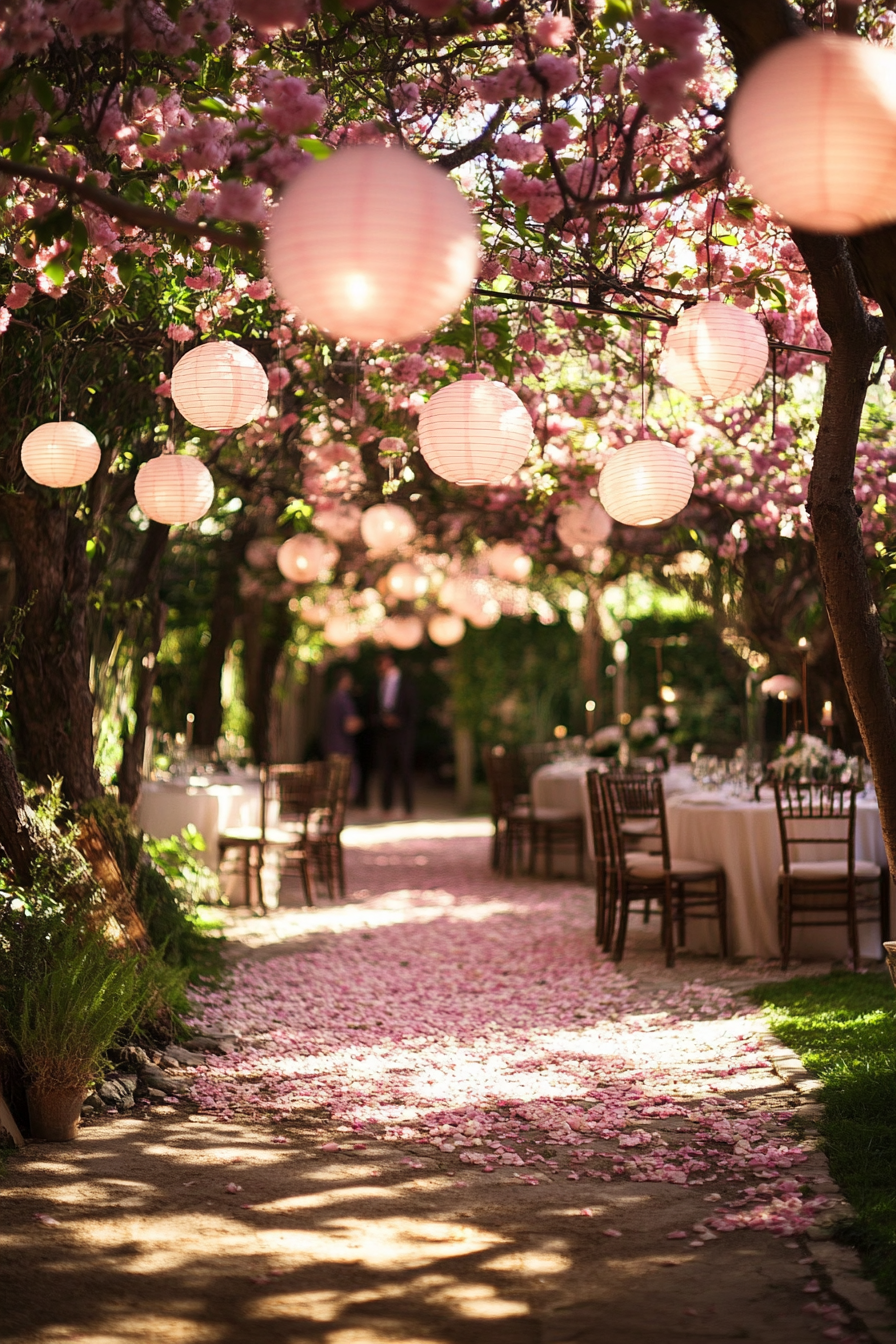 Small wedding venue. Cherry blossom garden with hanging lanterns.