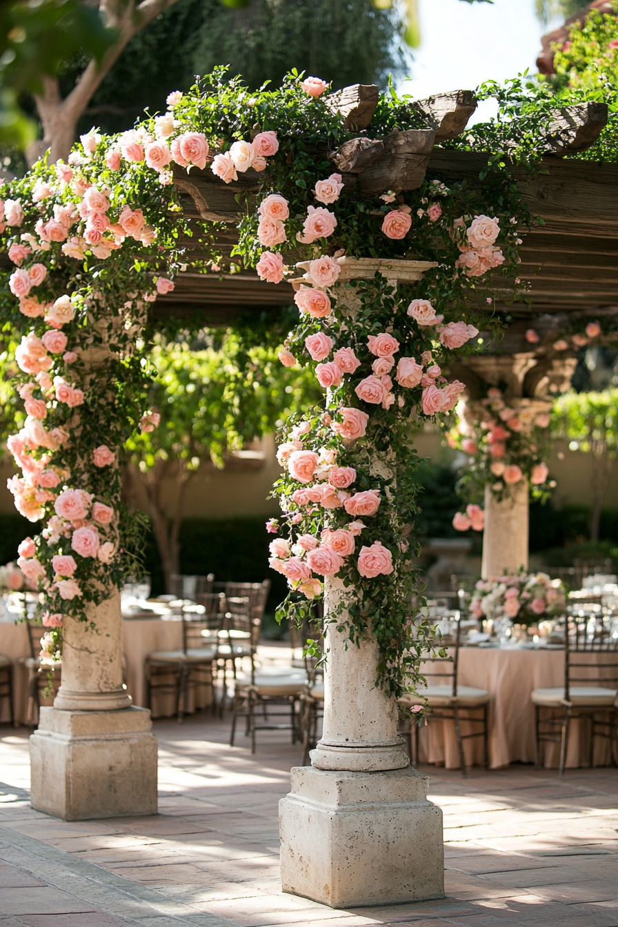 Wedding reception layout. Pink rose pergola by the marble fountain.