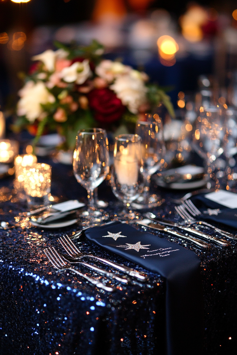 Wedding table. Midnight blue tablecloth with silver star sequins.