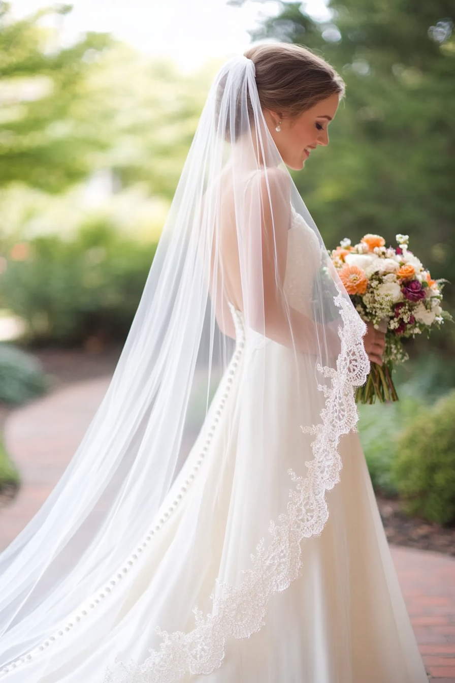 Cathedral length wedding veil. Cream hue with pearl-dotted lace edges.