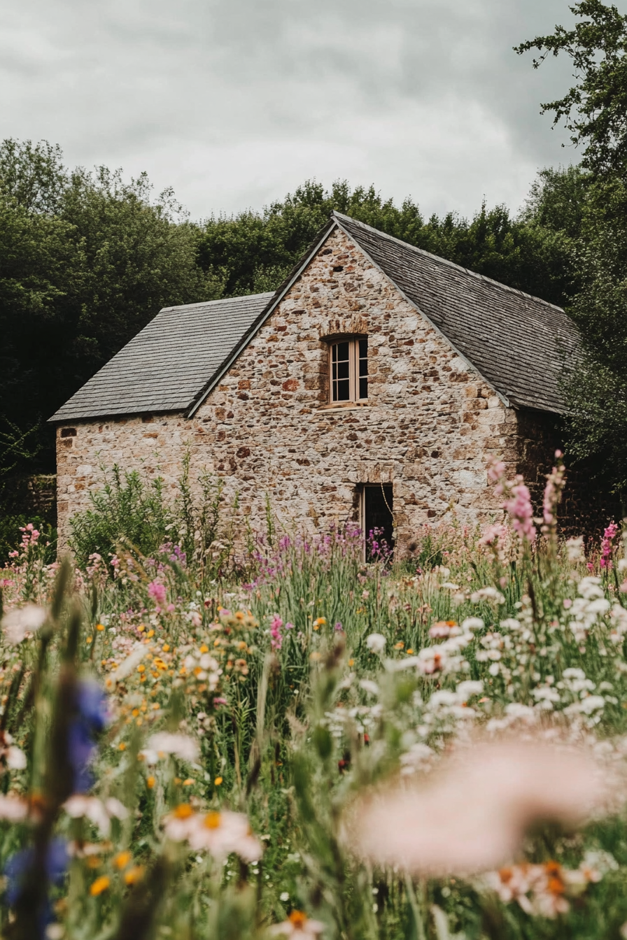 Small wedding venue concept. Old stone barn surrounded by wildflowers.