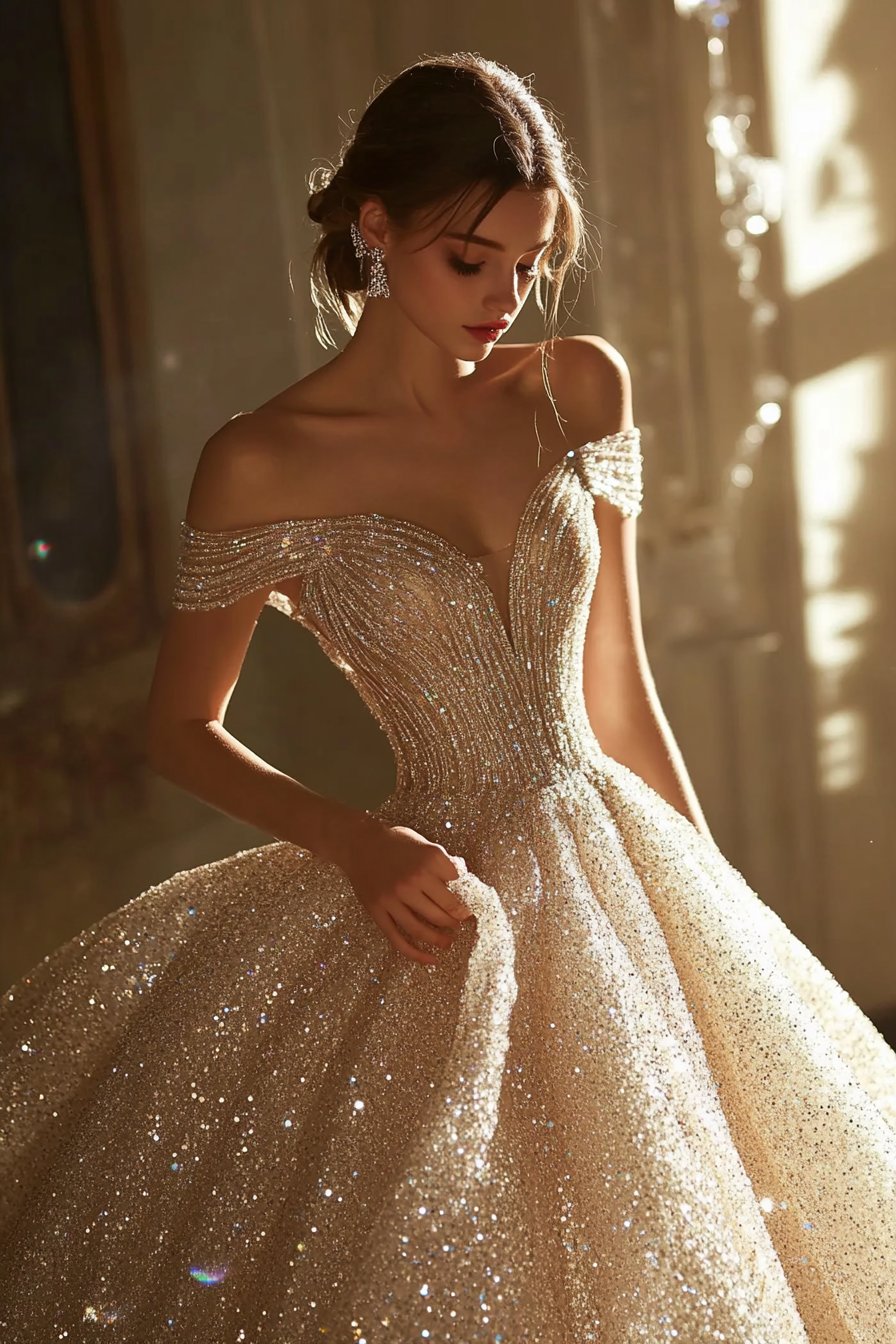 Wedding ballgown in glittering tulle. Swing skirt with crystal-draped bodice.