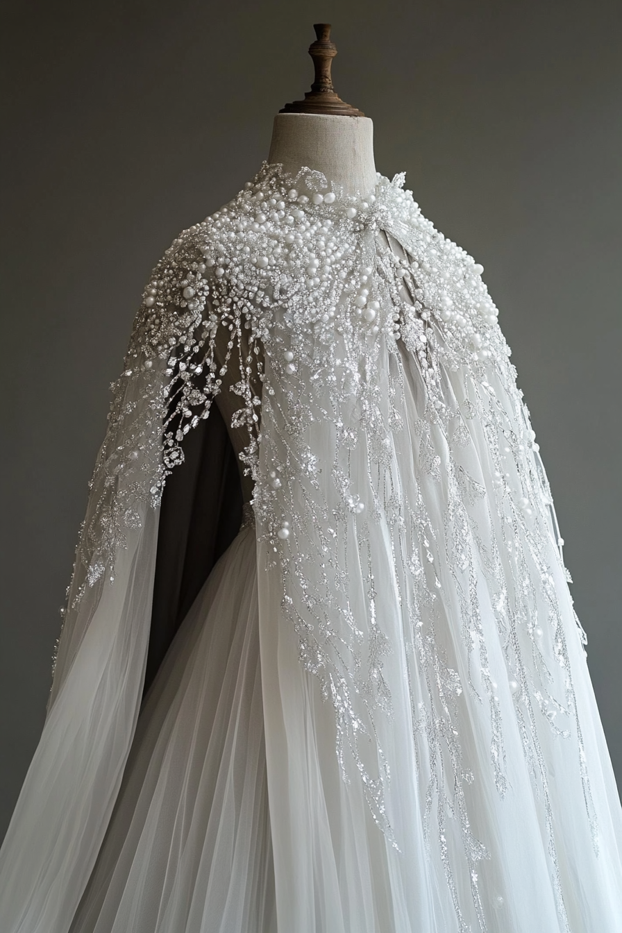 Wedding cape. Shimmering white, ice crystal details with pearl encrustations.