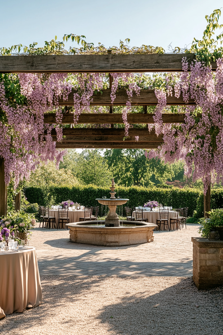 Wedding reception layout. Pergola decorated with lilacs overlooking a Roman-style fountain.