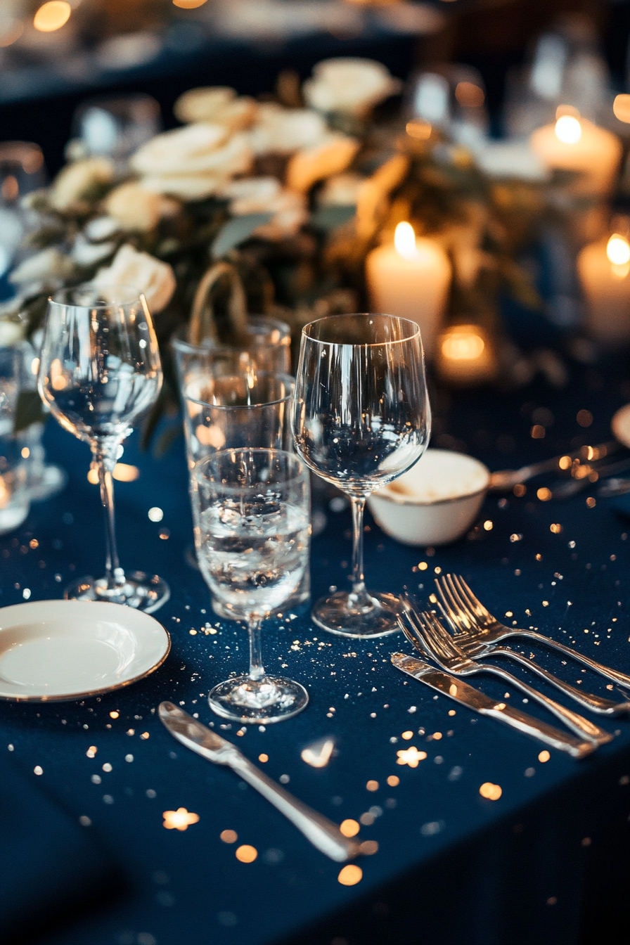 Wedding table. Midnight blue tablecloth with scattered silver stars.