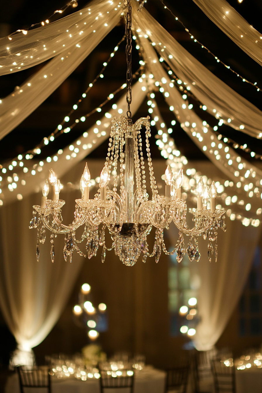 Wedding reception decor. Crystal chandelier entwined with twisted vine lighting canopy.