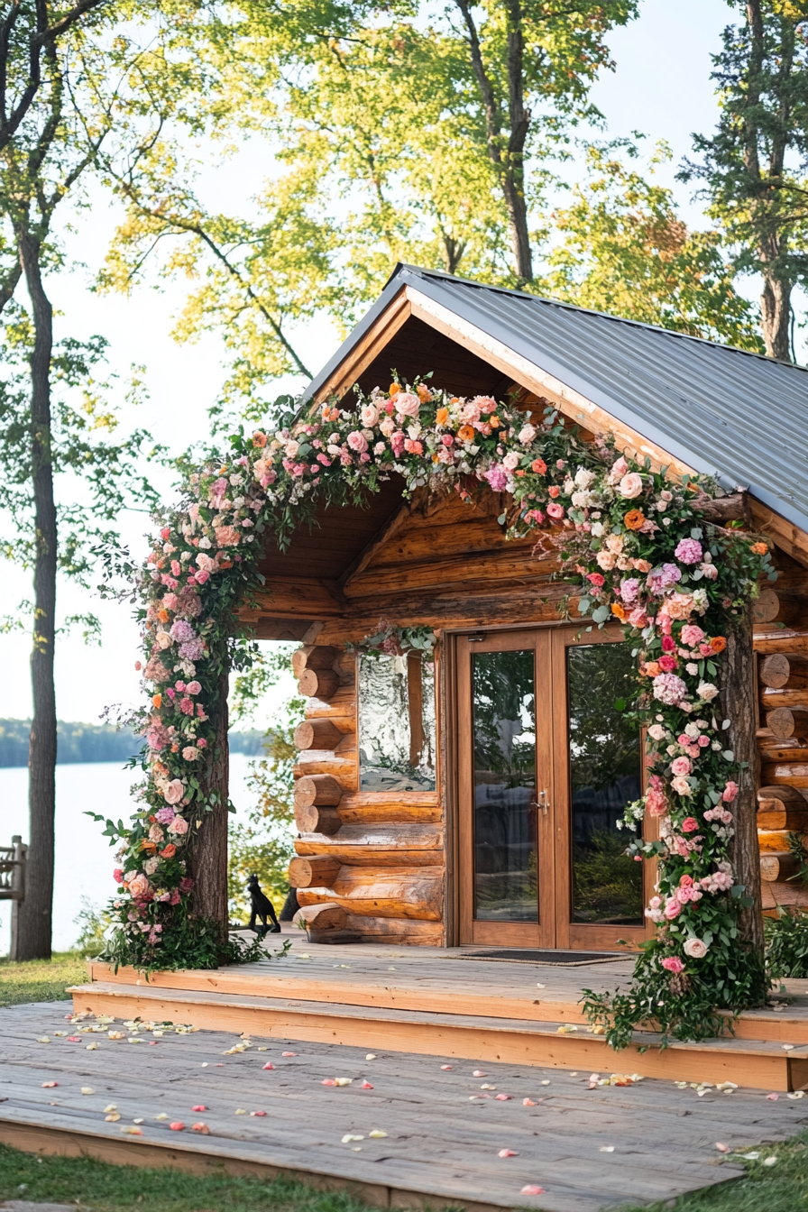 Small wedding venue concept. Lakeside log cabin with floral arch.