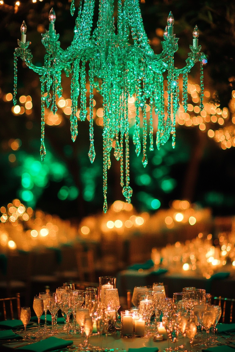 Wedding reception decor. Cascading crystal chandelier entwined with twisted emerald-green vine lights.