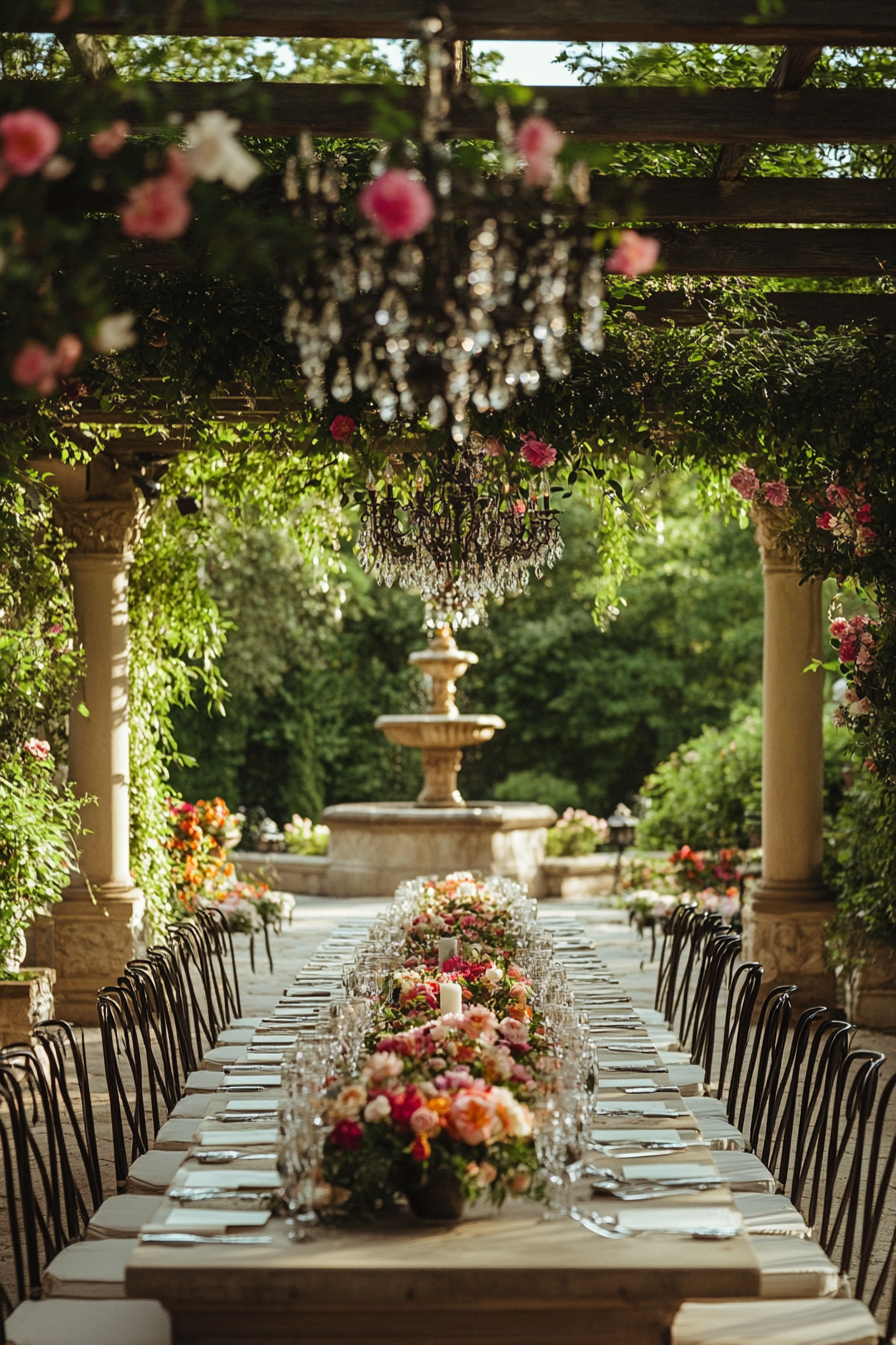 Wedding reception layout. Blooming pergola with a view of a limestone fountain.