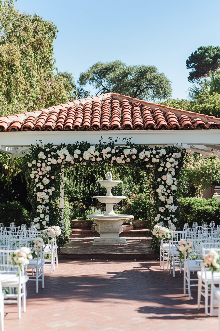 Wedding reception layout. White pergola with roses, facing terracotta fountain.