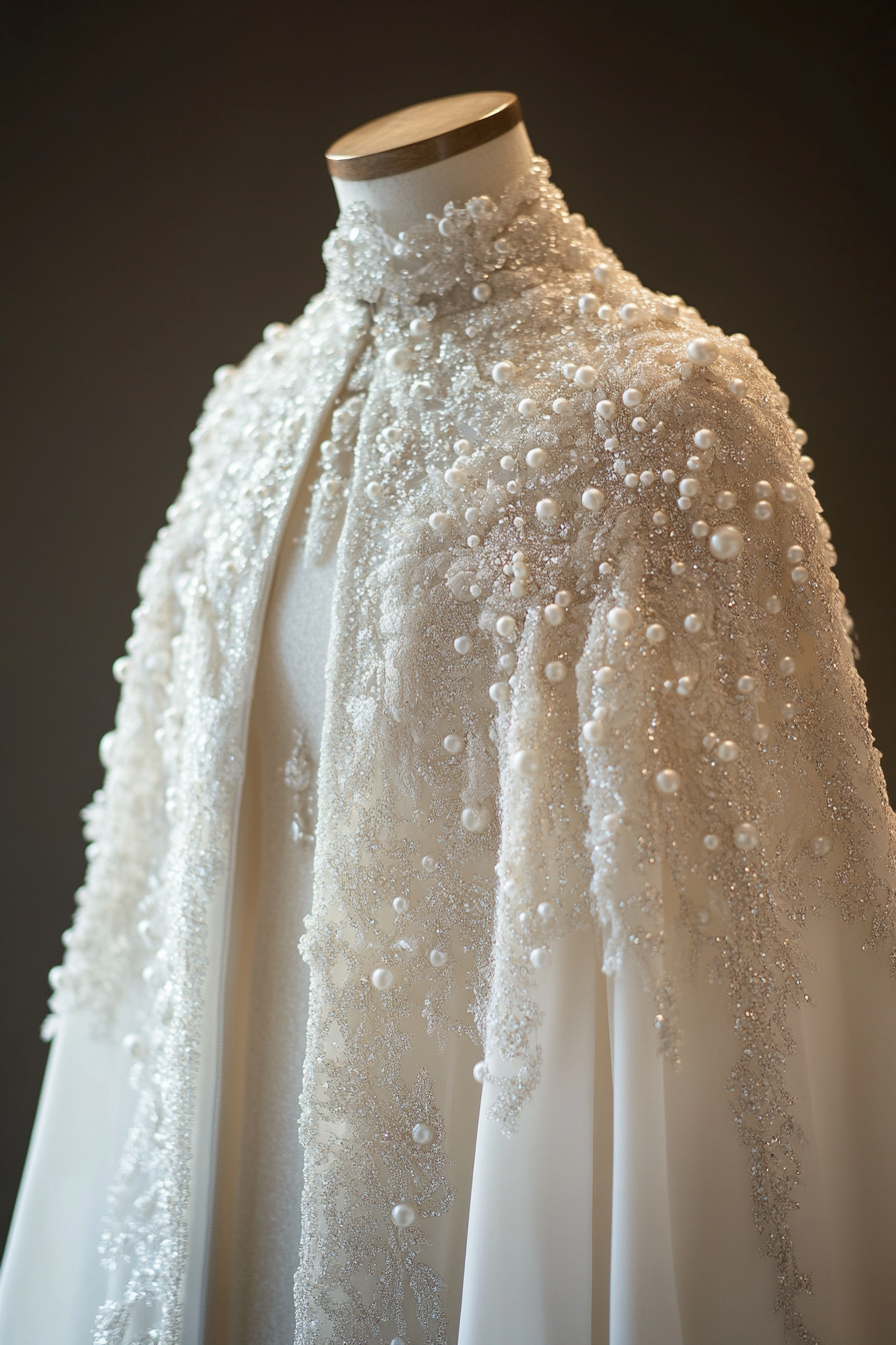 Wedding cape. Shimmering white with pearl-encrusted ice crystal details.