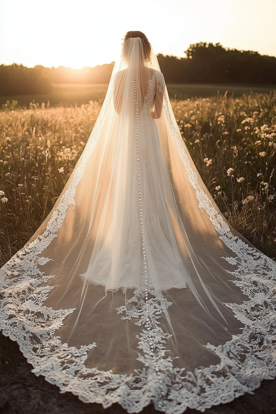 Cathedral length wedding veil. Eggshell white with pearls embedded onto lace hem.