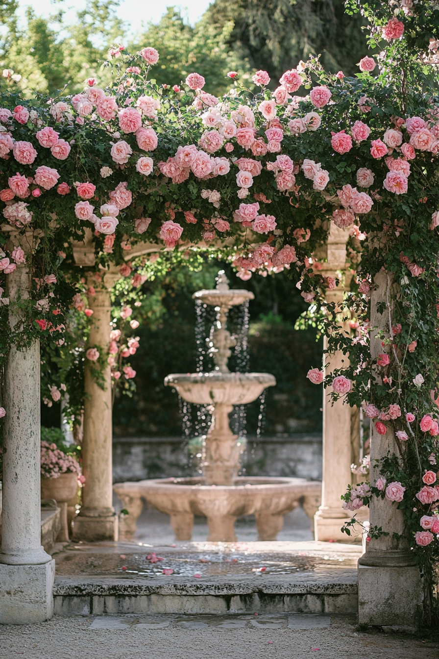 Wedding reception layout. Pergola overgrown with pink roses, overlooking a marble fountain.