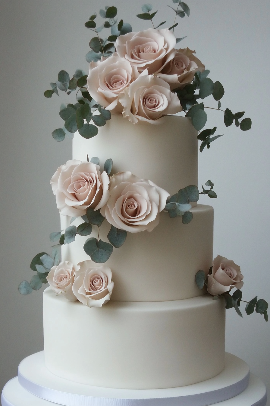 Wedding cake and stationery. Pale pink roses with eucalyptus accents on white four-tier cake.