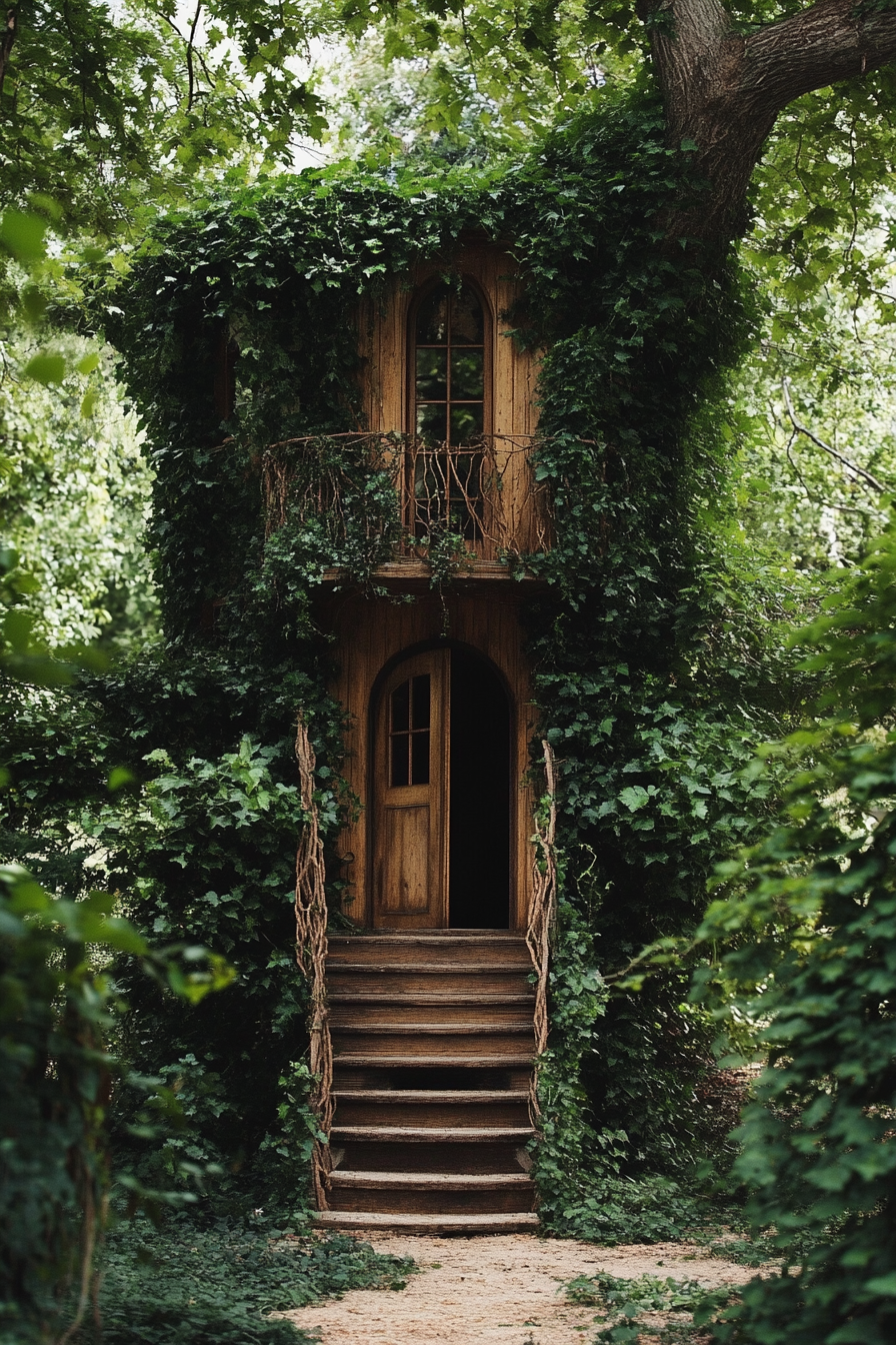 Small wedding venue concept. Treehouse surrounded by dense ivy overhangs.