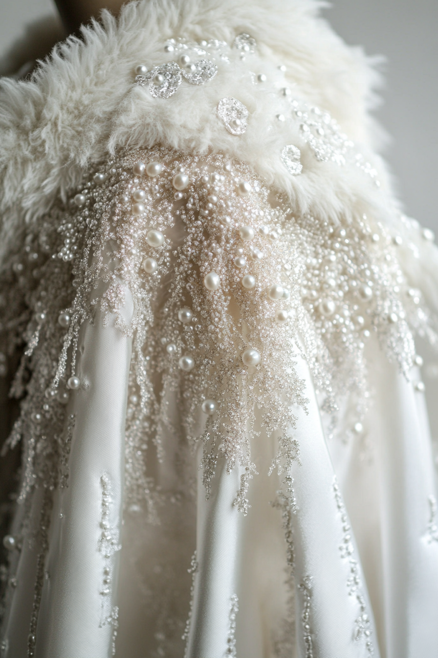 Wedding cape. Shimmering white satin material adorned with pearl-incrusted ice crystal details.