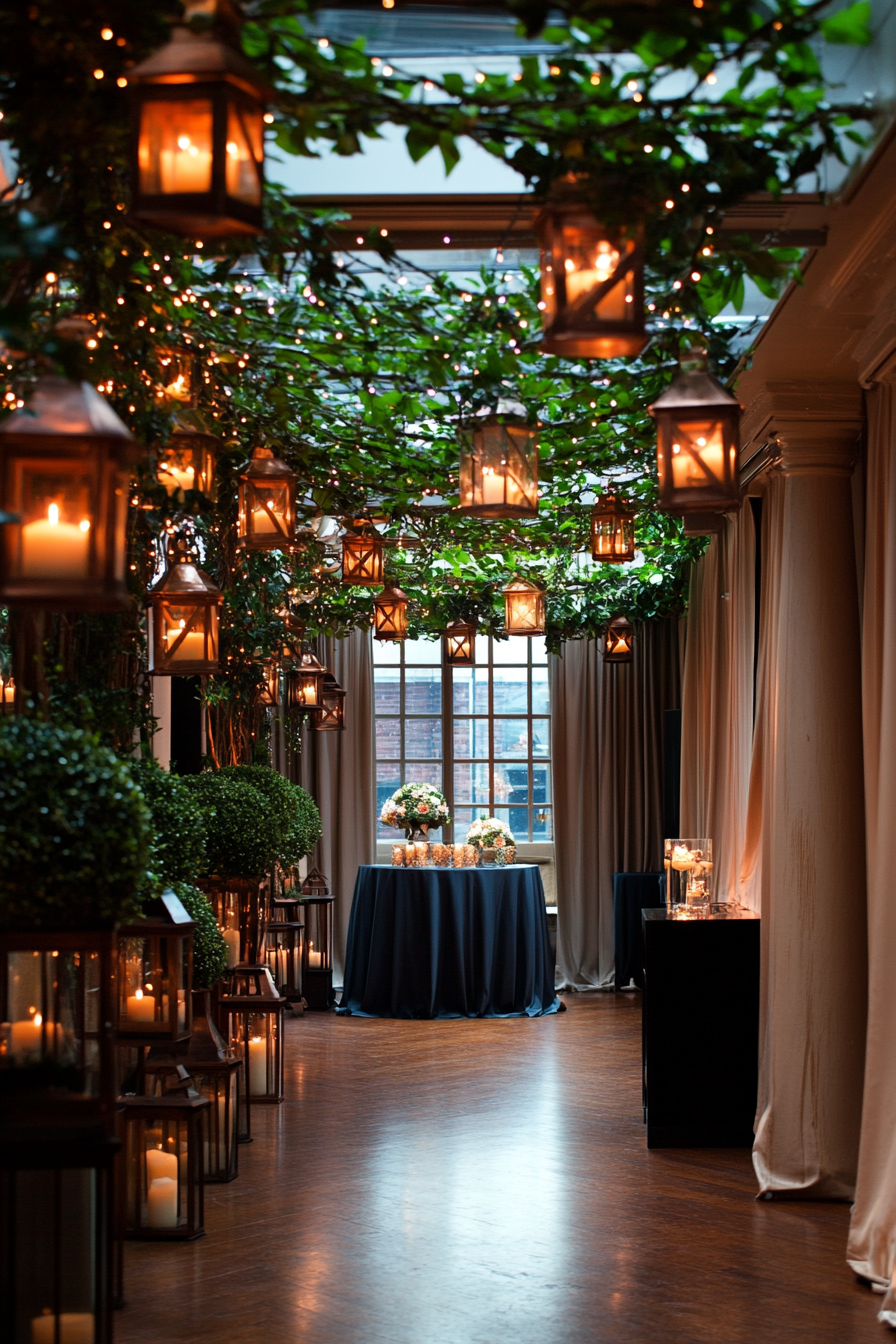 Wedding Reception decoration. Copper lanterns and twinkling vine canopy.