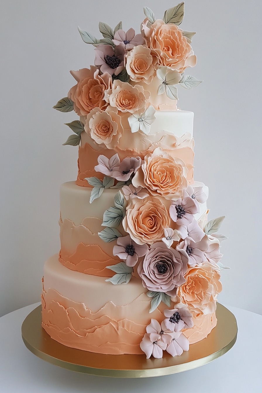 Wedding cake. Peach frosting with pastel flower arrivals and tiered pound cake.