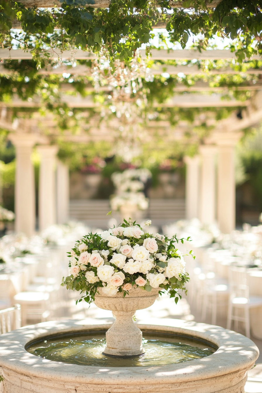 Wedding reception layout. White pergola with roses overlooking stone fountain.