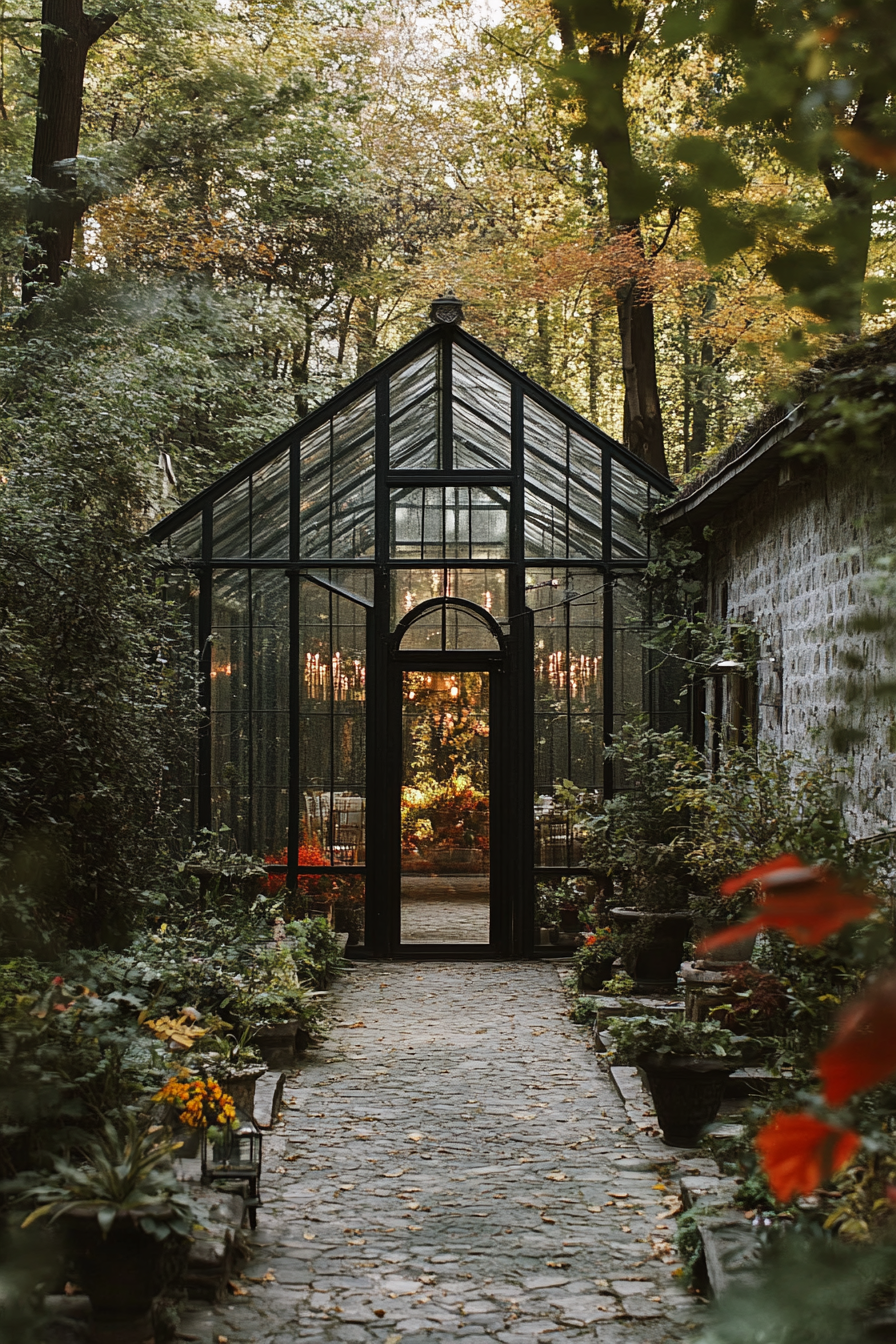 Small wedding venue concept. Glass conservatory amidst an ancient forest.