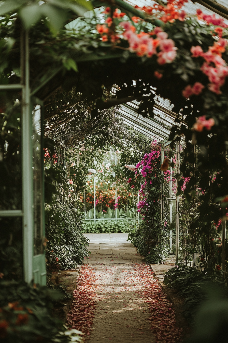 Small wedding venue concept. A verdant greenhouse entwined with flowery vines.