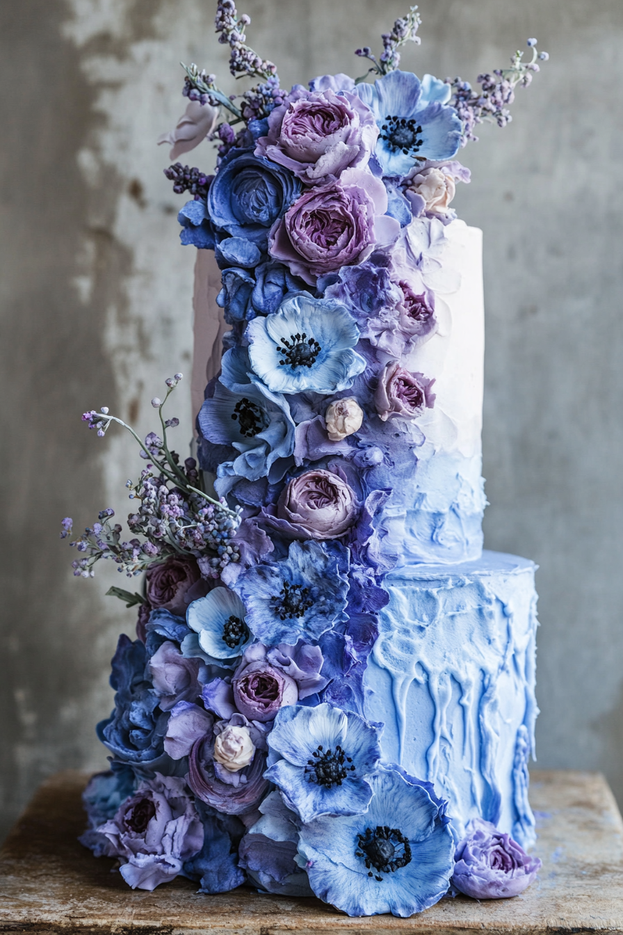 Wedding cake. Pastel lavender frosting with cascading ethereal blue florals.