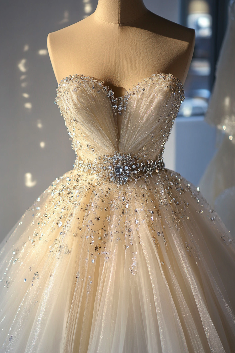 Wedding ballgown. Glittering tulle, silhouette, crystal sash.