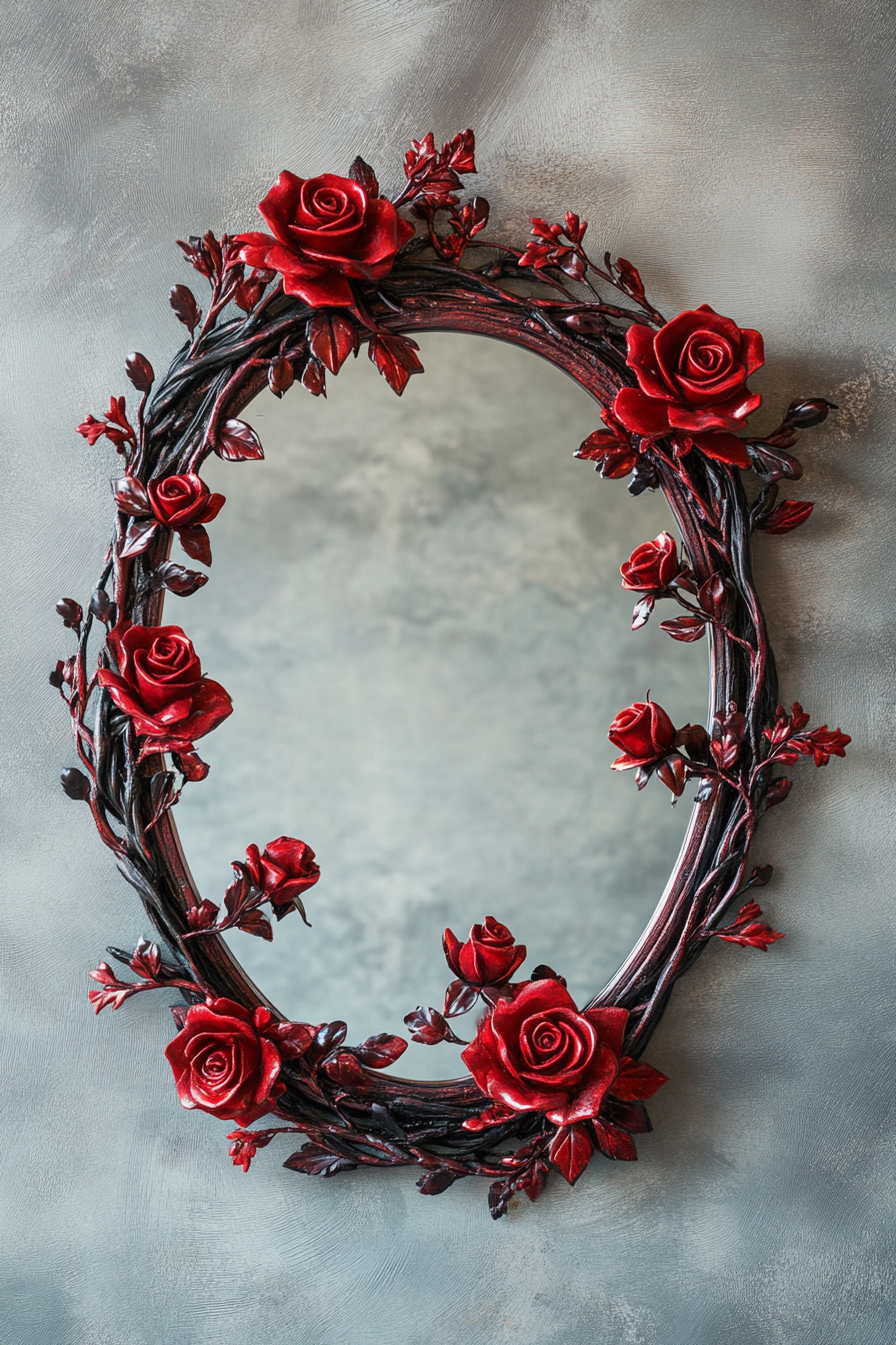 Wedding welcome mirror. Acrylic, oval-shaped, adorned with floating red rose frame.