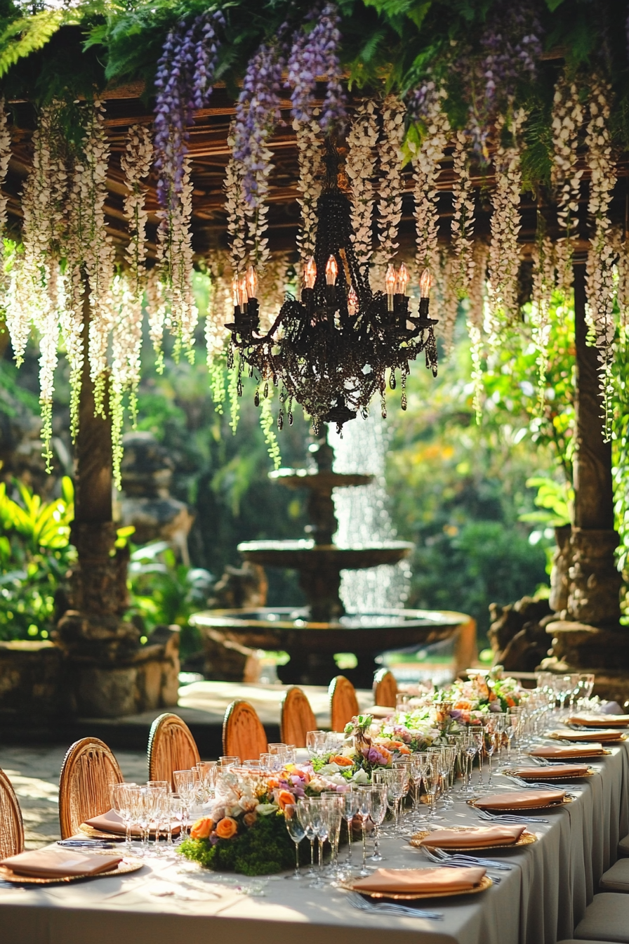 Wedding reception layout. Balinese pergola draped with wisteria overlooking an antique, moss-studded fountain.