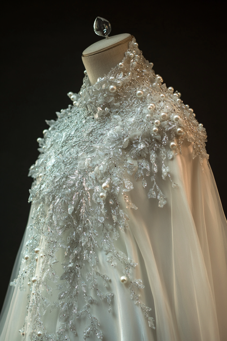 Wedding cape. Shimmering white satin adorned with pearl-encrusted ice crystals.