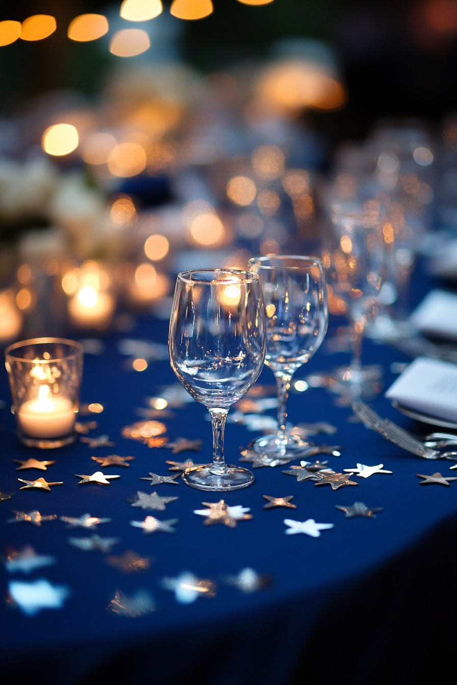 Wedding table. Midnight blue tablecloth with silver star confetti.