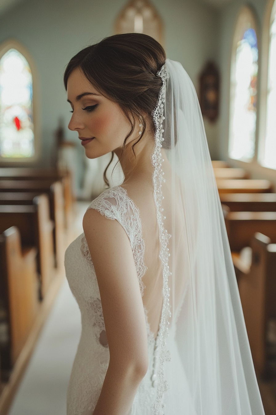 Cathedral length wedding veil. Antique ivory shade with pearl-dotted lace edges.