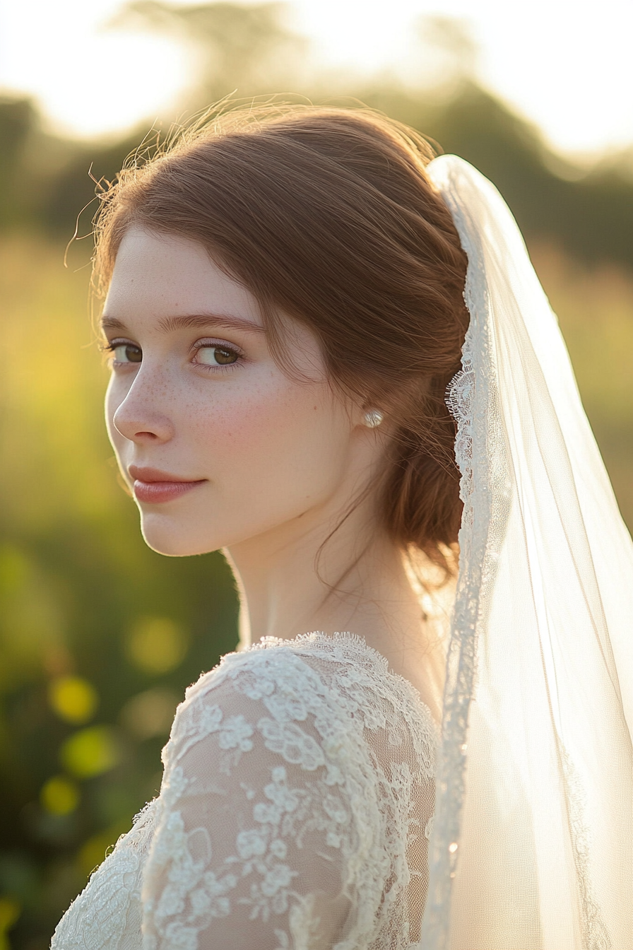 Cathedral length wedding veil. Ivory pearl-dotted Chantilly lace edging.