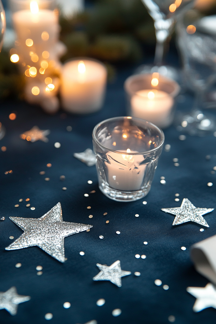 Wedding table. Midnight blue tablecloth with silver star confetti.