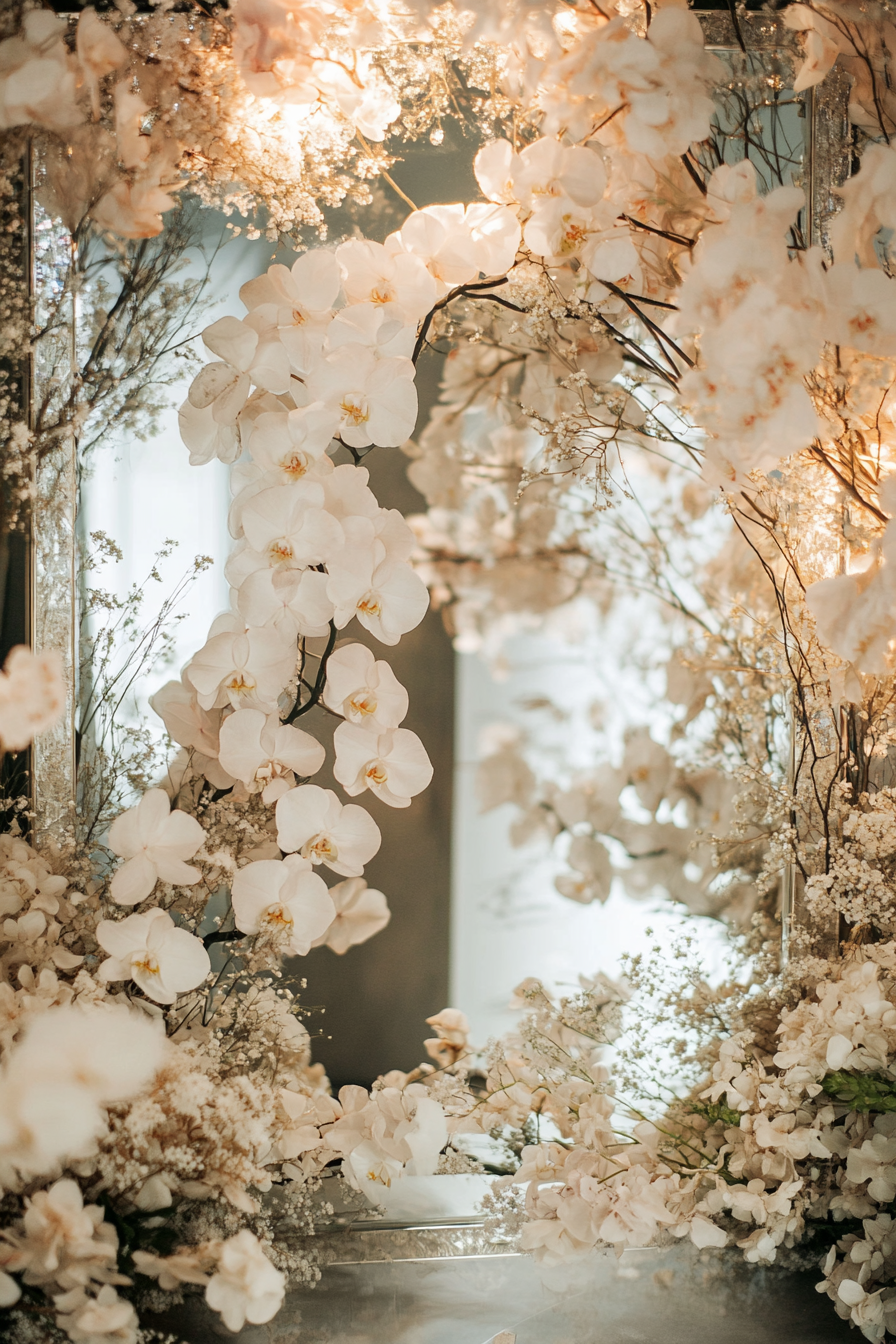 Wedding welcome mirror. Acrylic backdrop, floating white orchids as frame.