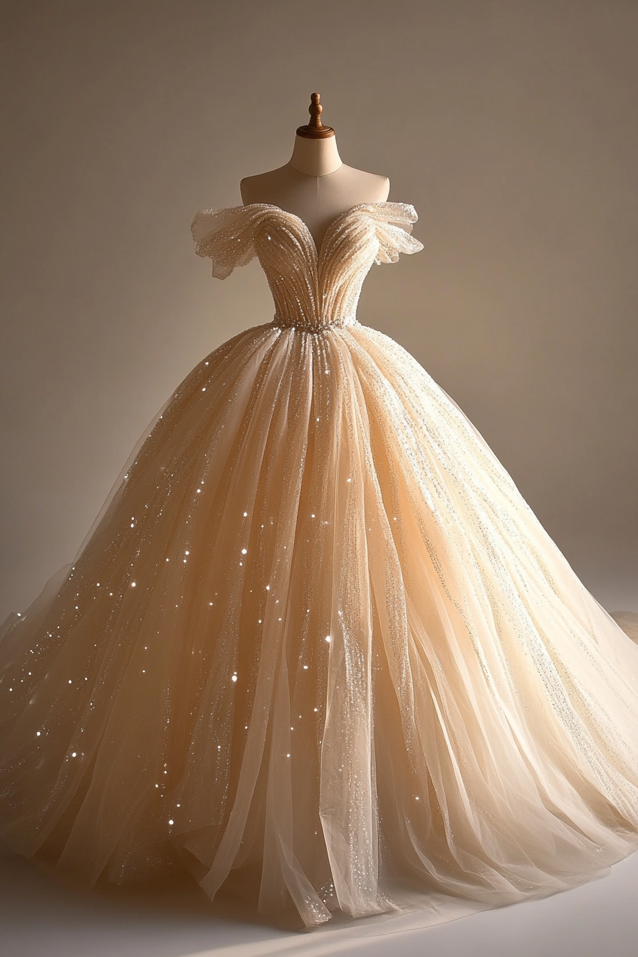 Wedding ballgown. Tulle material glimmering with draped crystals.