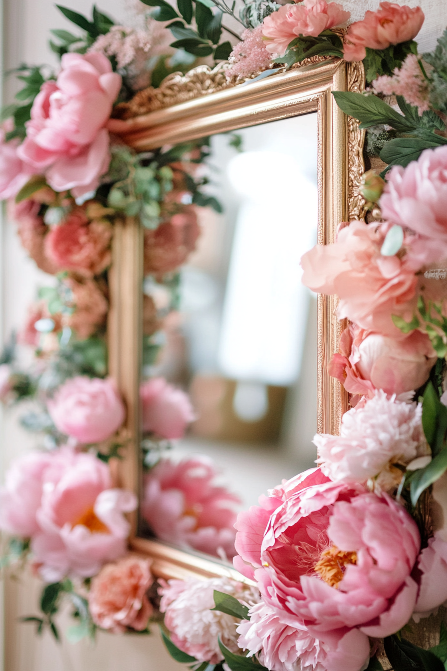 Wedding mirror. Acrylic, pink peony floating flower frames.