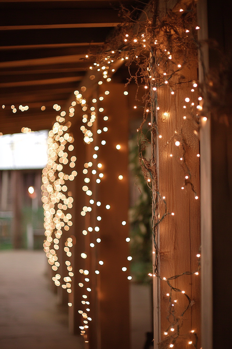 Wedding reception illumination. Twisted vine canopies laced with soft white fairy lights.