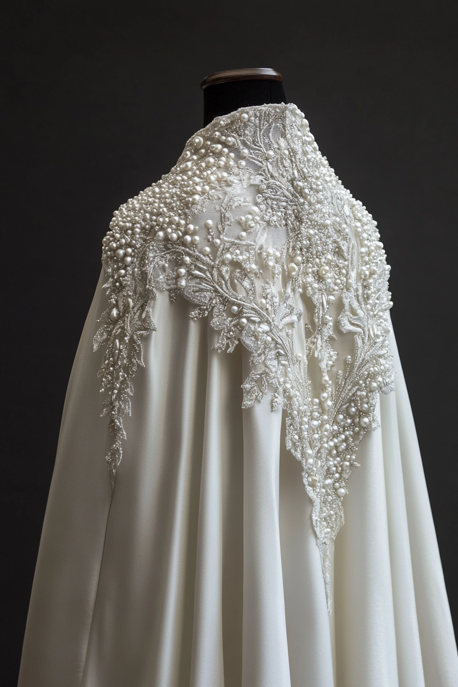 Wedding cape. Shimmering white fabric with pearl-encrusted ice crystal details.