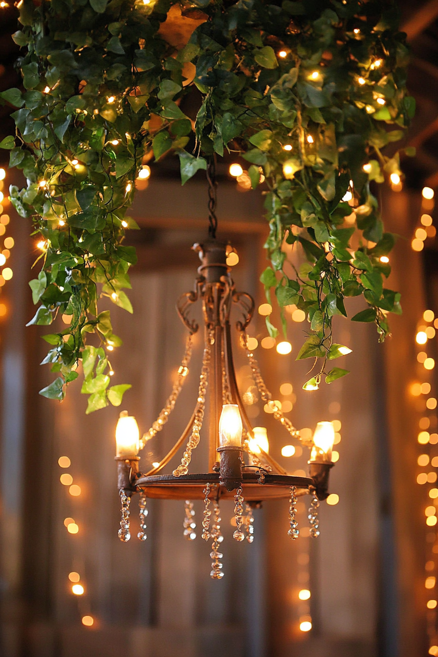 Wedding reception decor. Chandelier draped with ivy and twinkling fairy lights.