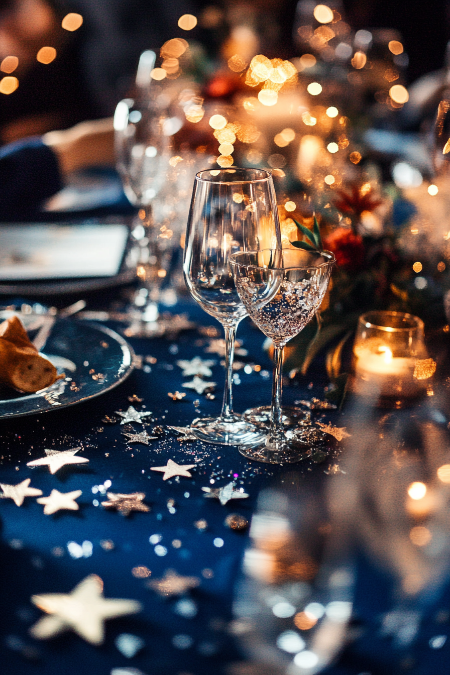 Wedding table. Midnight blue tablecloth, silver star confetti.