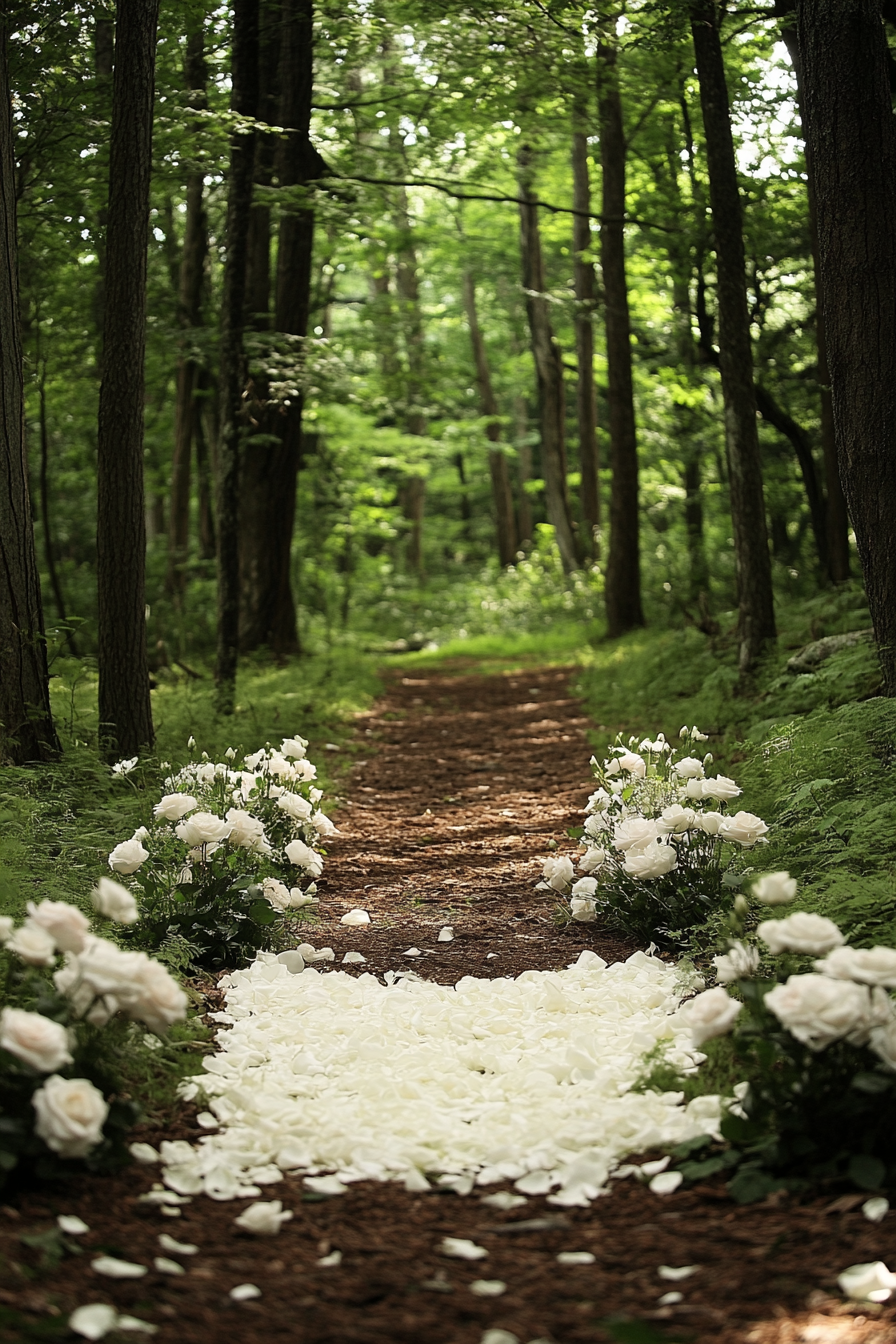 Small wedding venue concept: Old-growth forest clearing with white roses.