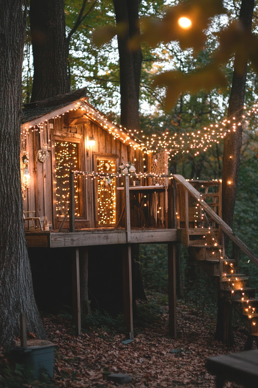 Small wedding venue concept. Treehouse decorated with fairy lights.