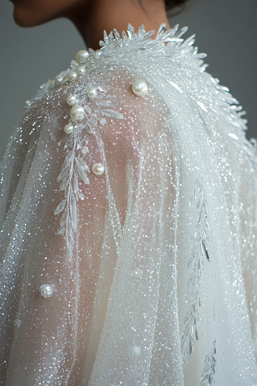 Wedding Cape. Shimmering white with pearl-encrusted ice crystal details.