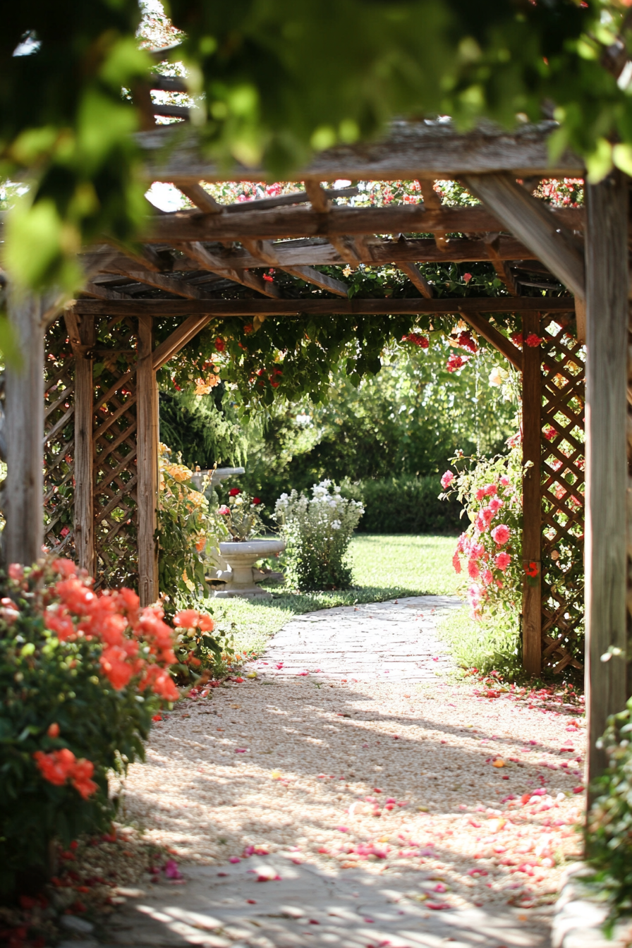 Small wedding venue. Open-air, under a flower trellis, chirping birds.