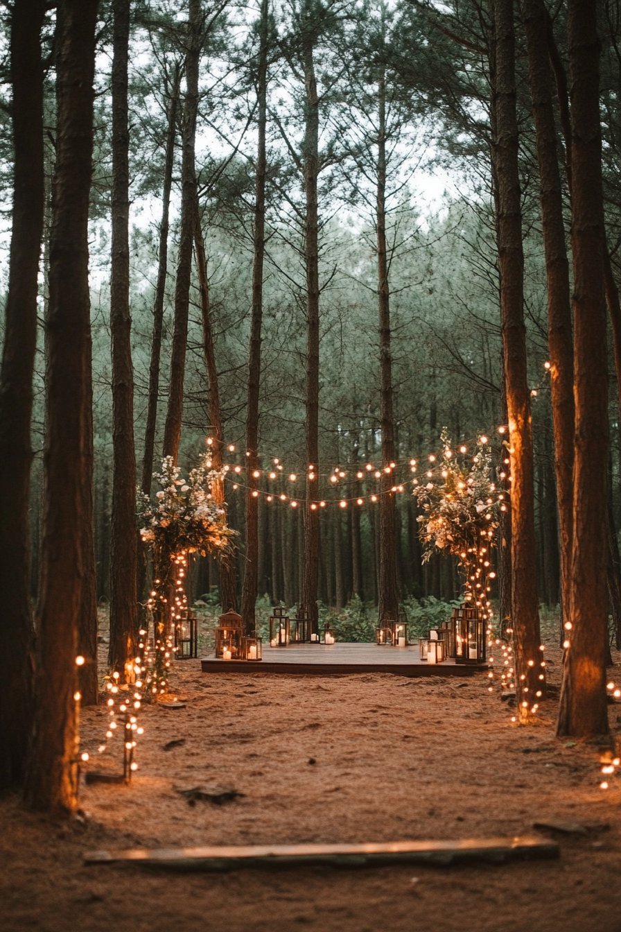 Small wedding venue concept. Forest clearing with fairylight-garlanded trees.