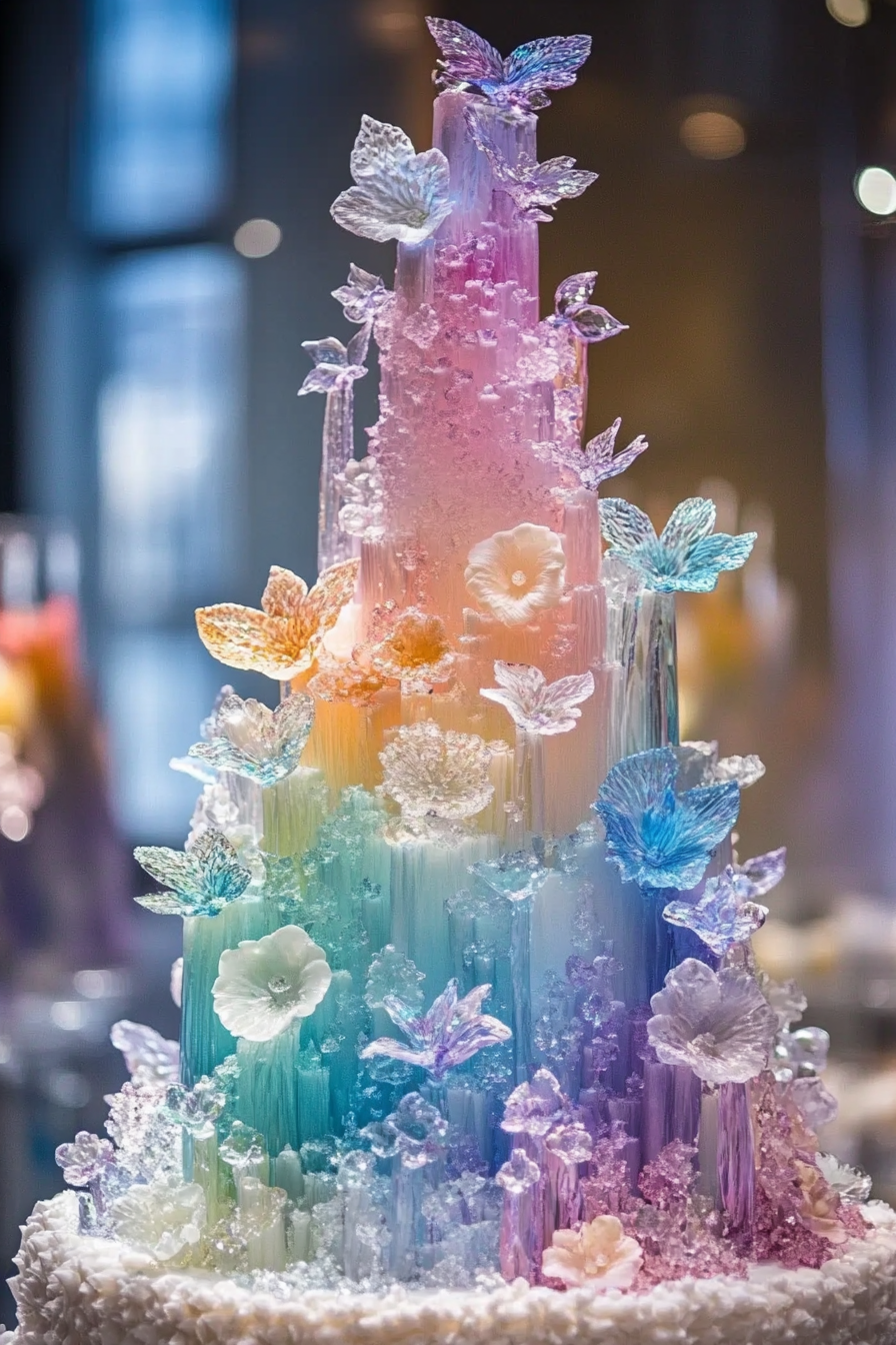 Wedding cake. Pastel multi-tiered with ethereal-colored sugar flowers.