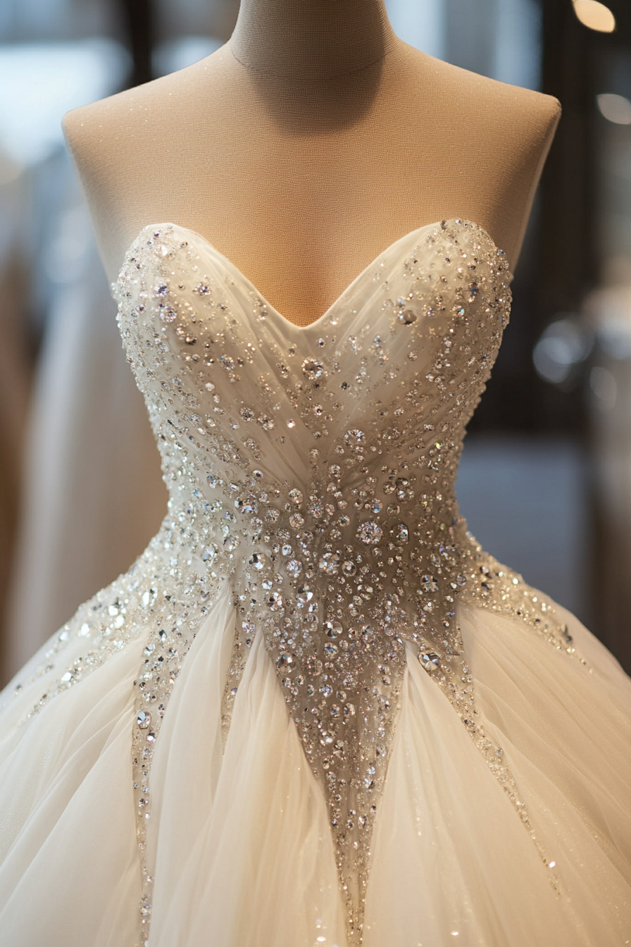 Wedding ballgown. Glittering tulle, cascading crystal draped bodice.