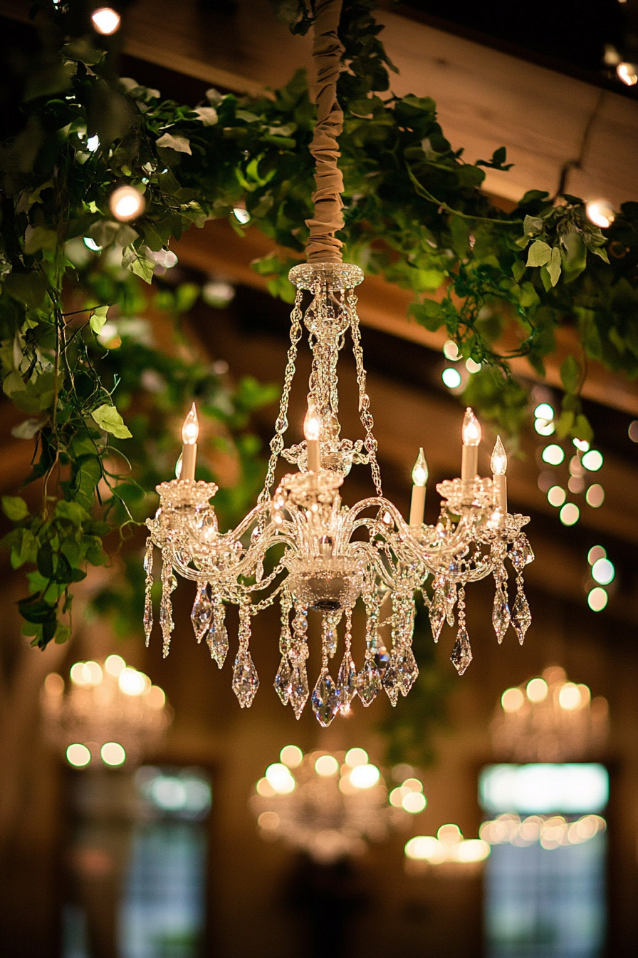 Wedding reception decor. Crystal chandelier entangled with variegated ivy vines.