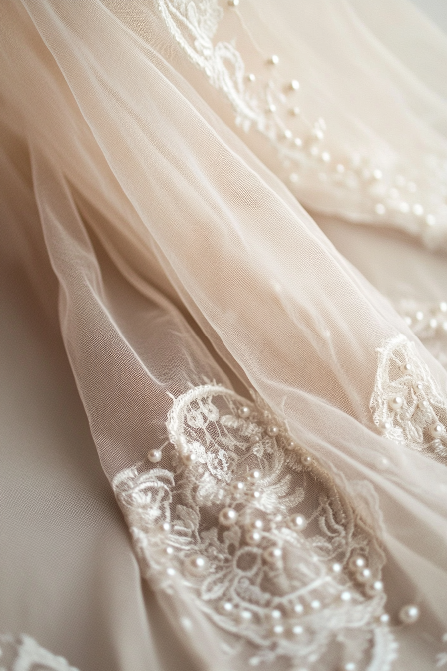 Cathedral length wedding veil. Pearl-dotted lace edging and blush undertones.